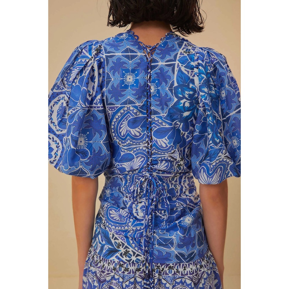 Farm Rio Blue Tiles Mini Dress XL Blue White Floral Ruched Puff Sleeve V-Neck - Picture 2 of 8